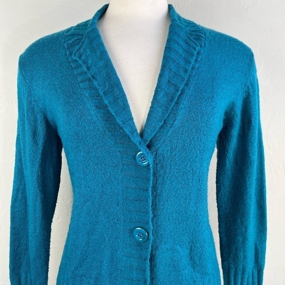 Vintage Teal Turquoise Wool Blend Button Down V neck Long Sleeve Cardigan - Picture 3 of 15